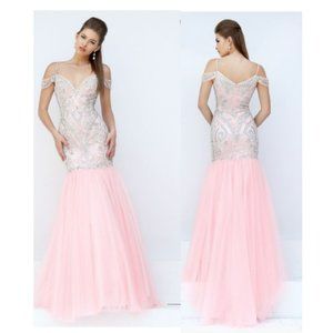 Sherri Hill Pink Beaded Tulle Mermaid Gown Sz 0